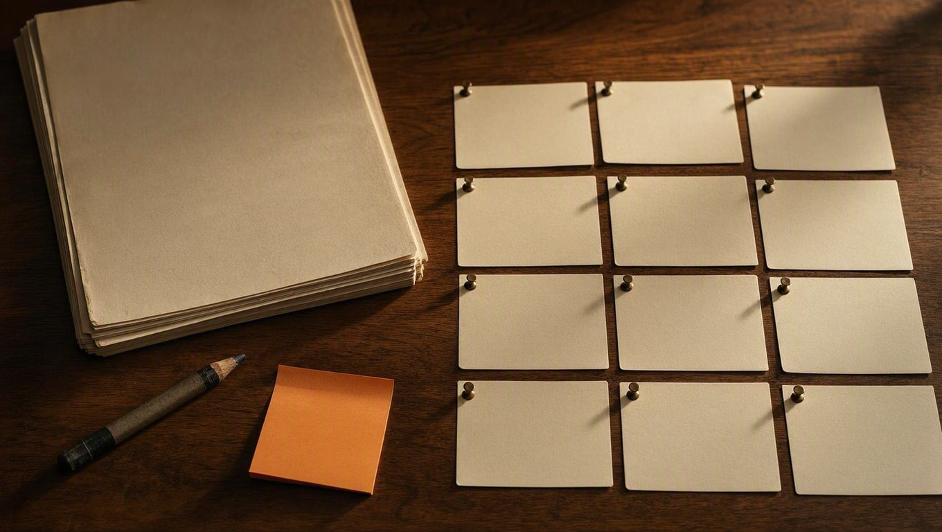 Screenplay pages and storyboard cards on a production desk