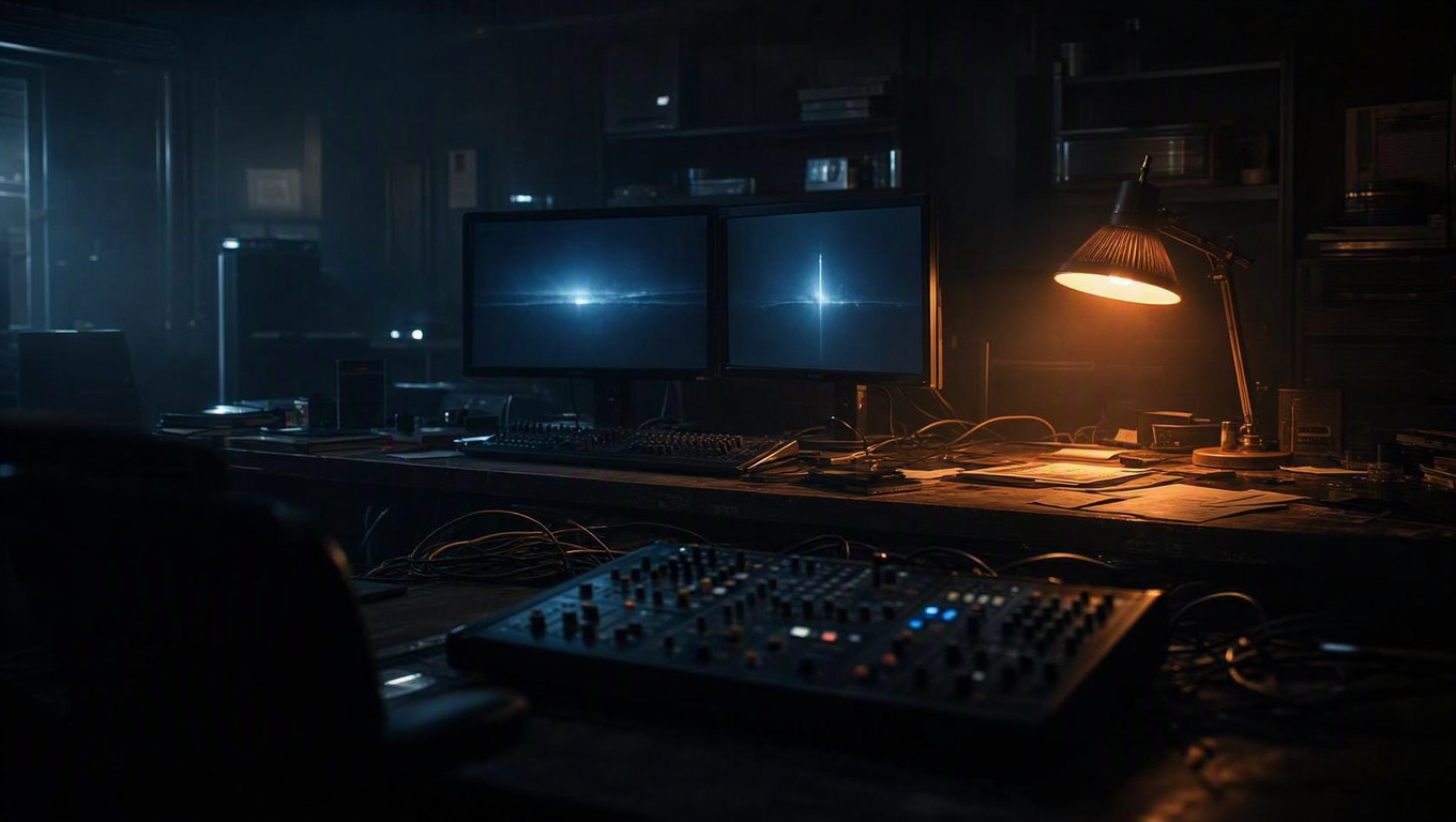 Film editing suite at night