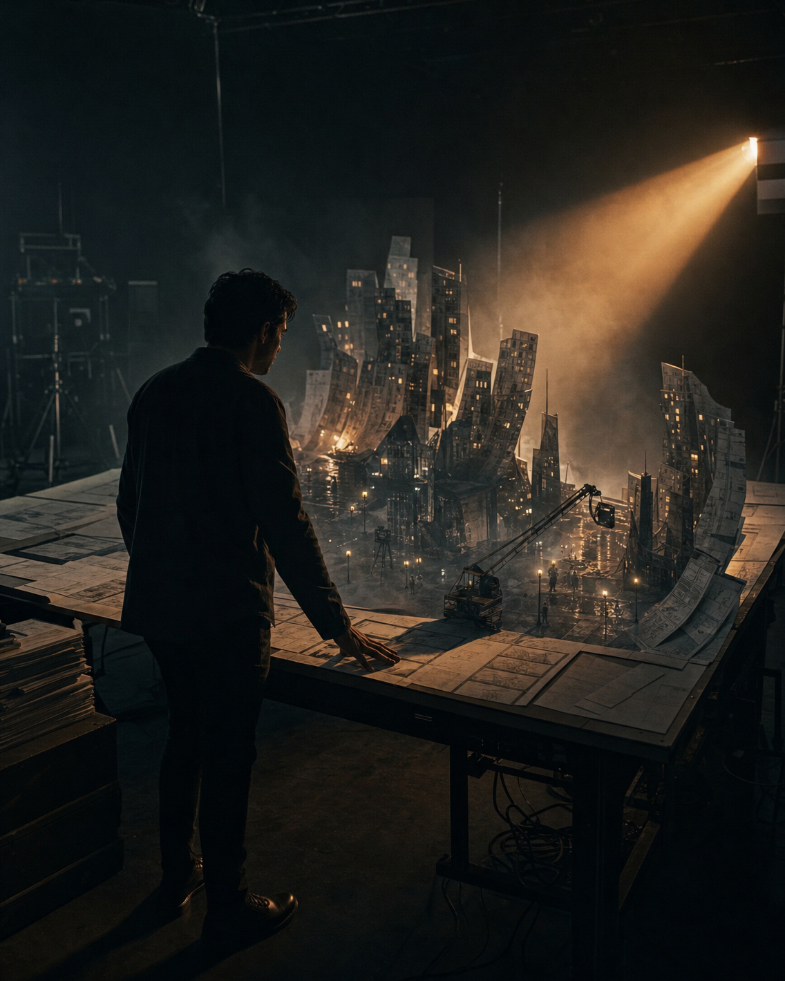 Director watching screenplay pages transform into a miniature paper city
