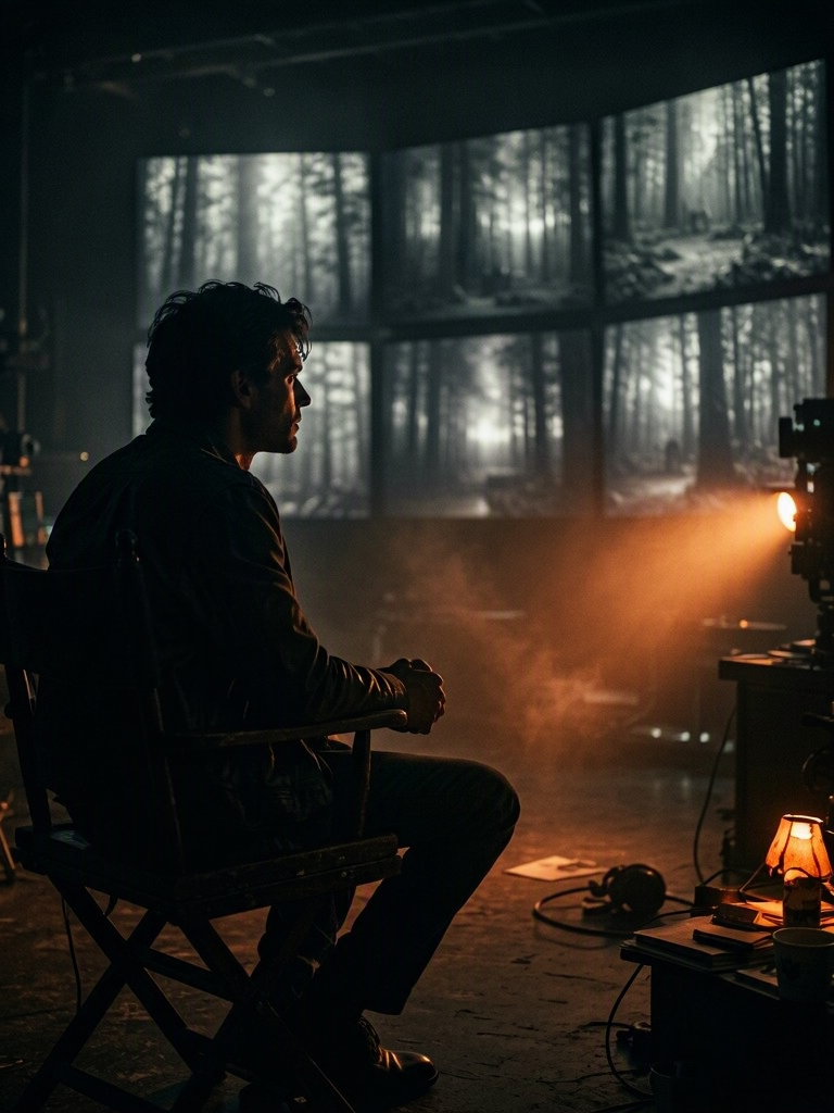 Director watching a wall of production monitors