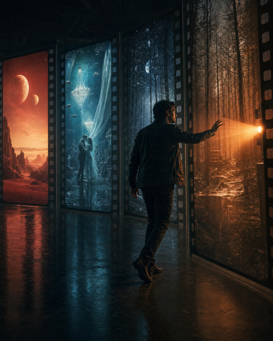 Director walking through cinematic portals into different story worlds